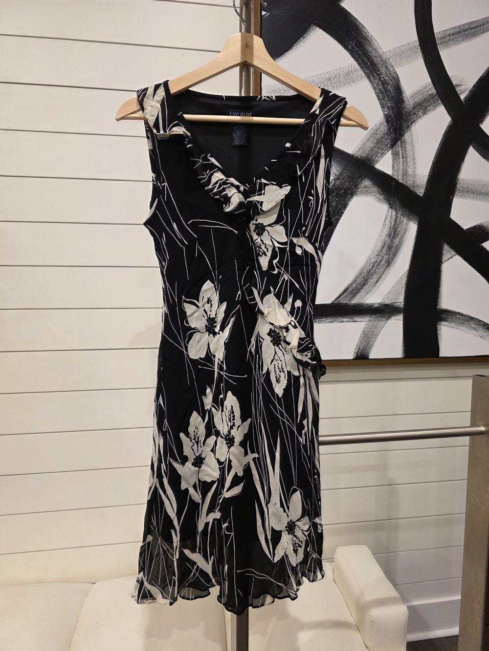 Black Floral Ruffle-Trim Midi Dress
